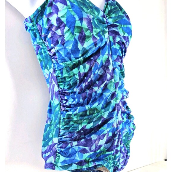 Vtg 90s/ Y2K Gabar Womens One Piece Swimsuit Ruched V Neck Abstract Unsized S/M - Picture 2 of 15